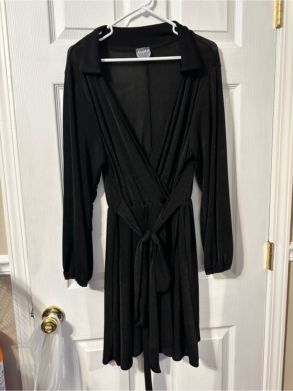 ARULA Black Long-Sleeve Wrap Dress with Tie Waist and Collar